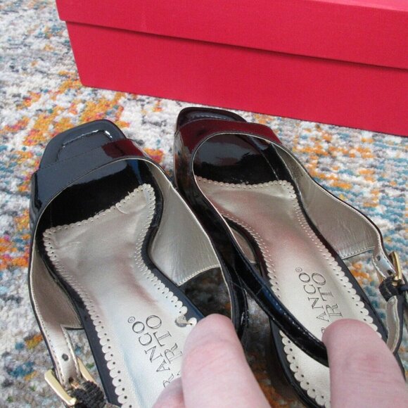 Franco Sarto Square-Toe Wood Heel Sandals Women 7.5 Black Patent Leather y2k 332 - Picture 8 of 12